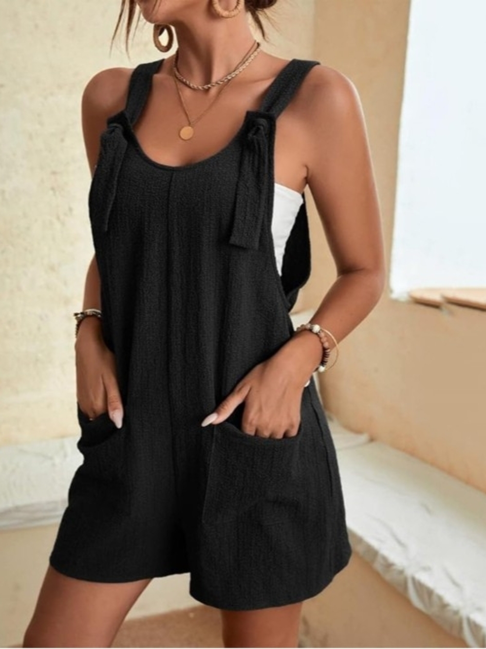 Emery Rose Black Tie-Strap Knit Romper with Front Pockets